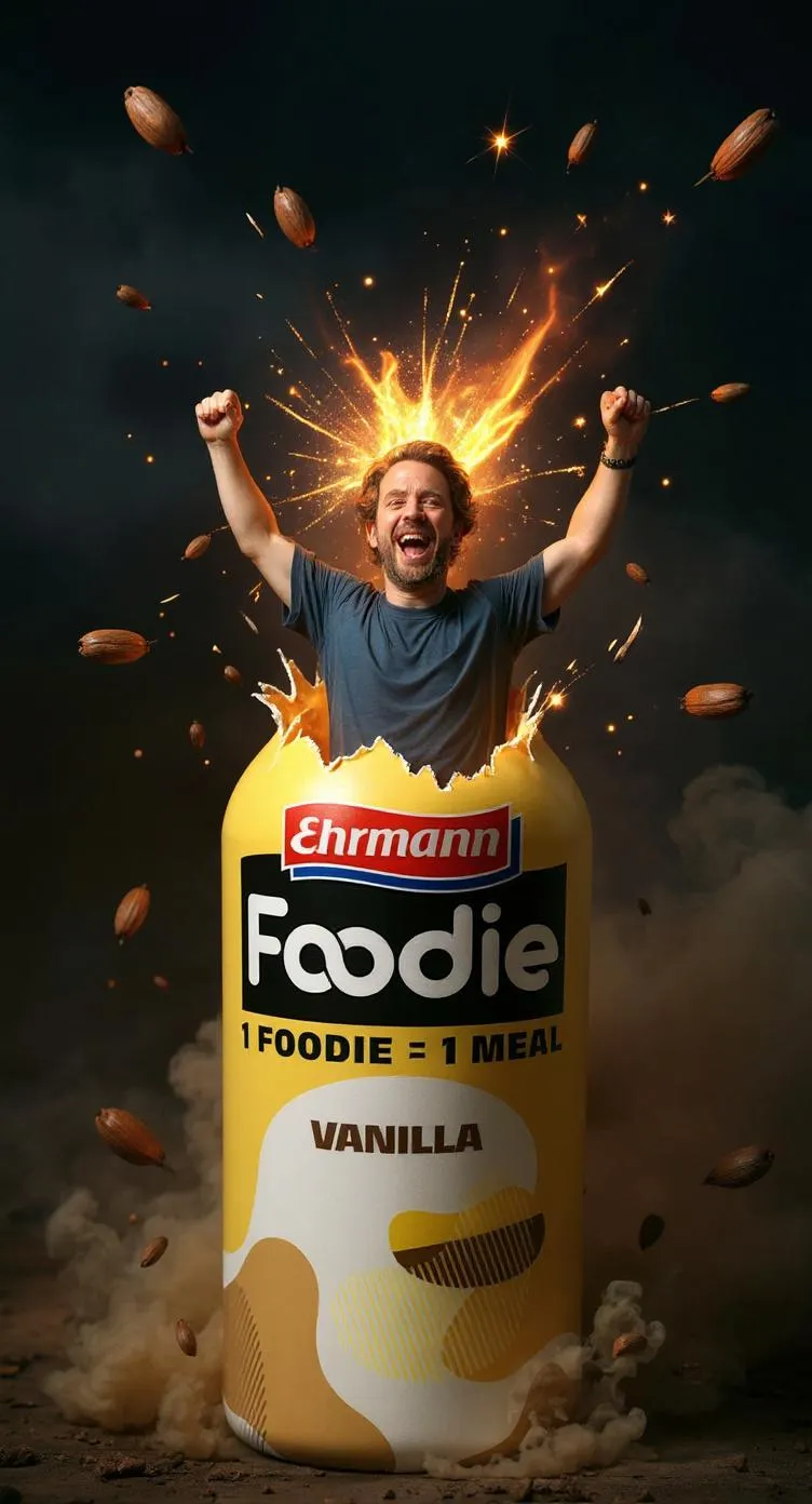 KI-Bild: Mann jubelt aus aufgeplatzter Foodie-Flasche